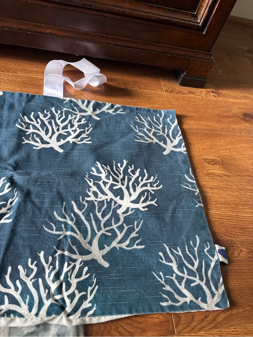 LF Navy Blue Curtain Panel with White Coral Motif ribbon  valance